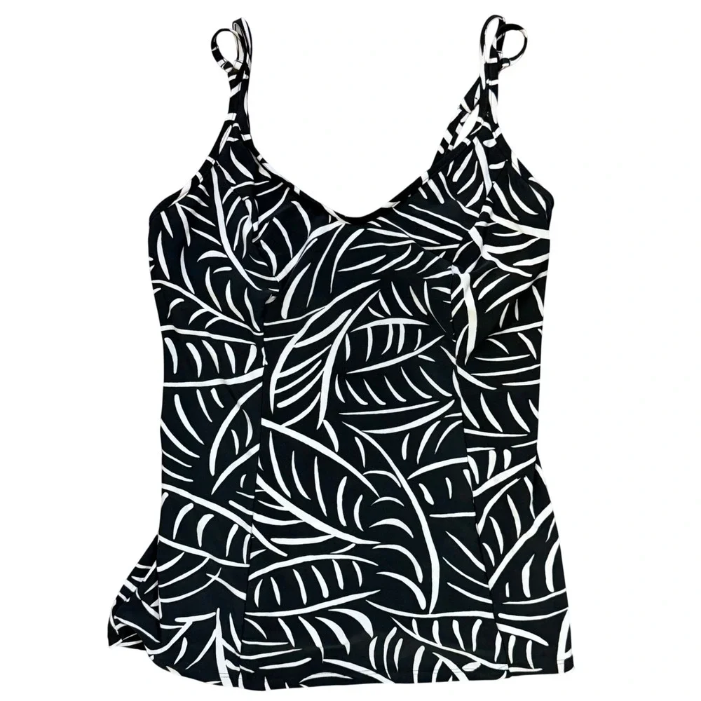 Miraclesuit Womens Black White Tropical Leaf Tankini‎ Top Underwire Bra Size 10
